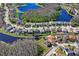 Aerial view of a single-Gathering home with a pond and located in a wooded residential neighborhood at 3042 Gianna Way, Land O Lakes, FL 34638
