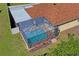 Aerial view of a screened pool, surrounded by lush landscaping and a well-maintained lawn, promising a private oasis at 3042 Gianna Way, Land O Lakes, FL 34638