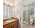 Bathroom with a tiled walk-in shower and vanity with wooden cabinets at 3733 Wiregrass Rd, New Port Richey, FL 34655