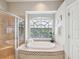 Bright bathroom with a large window, tub, and walk-in shower with glass door at 3733 Wiregrass Rd, New Port Richey, FL 34655
