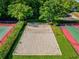 An aerial view of a community sand volleyball court surrounded by trees and green grass at 3733 Wiregrass Rd, Trinity, FL 34655
