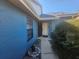 Blue home's front entrance with a gray walkway and trimmed green bushes at 7125 Silverwood Dr, New Port Richey, FL 34654