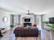 Bright living room with sliding glass doors, ceiling fan, and modern decor, creating a welcoming atmosphere at 7624 Red Mill Cir, New Port Richey, FL 34653