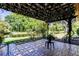 Relaxing back porch with a pergola overlooking a peaceful pond and verdant backyard at 9925 Whitworth Ct, New Port Richey, FL 34655