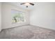 Bedroom with carpet, a ceiling fan, and a large window overlooking lush greenery at 12215 Snead Pl, Tampa, FL 33624