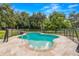 Backyard kidney-shaped pool with travertine stone, surrounded by black fencing for added safety and charm at 1353 Spring Lake Hwy, Brooksville, FL 34602