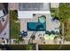Aerial view of a modern pool, lush landscaping, and outdoor entertaining space on the waterfront at 3616 Harborview Ct, New Port Richey, FL 34652