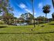 Scenic backyard view with a serene pond, lush green grass, and native waterfowl at 4817 Glenaire Ct, Tampa, FL 33624