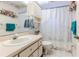 Traditional bathroom with a vanity, toilet, and shower with a lace curtain, decorated with floral accents at 9131 Rhett Ln, Weeki Wachee, FL 34613