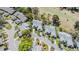 An aerial view shows homes in a neighborhood with mature trees and landscaping at 9144 Bassett Ln, New Port Richey, FL 34655