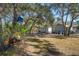 A serene backyard, features a shed, a patio set, and a swing in a treed landscape at 13045 Marbled Godwit Rd, Weeki Wachee, FL 34614