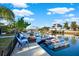 Waterfront dock with boat slip, seating, and a fire pit, perfect for relaxing by the water at 13906 Barnard Ave, Hudson, FL 34667
