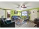 Bright living room featuring stylish furniture, a ceiling fan, and ample natural light at 13906 Barnard Ave, Hudson, FL 34667