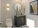 Contemporary bathroom showcasing a stylish vanity with a round mirror and a patterned floor, blending style and functionality at 4112 Southern Valley Loop, Brooksville, FL 34601
