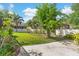 Lush backyard featuring tropical plants, grass, fence, and partial view of screened lanai at 5737 Wynstone Ln, Zephyrhills, FL 33541