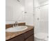 Bathroom with a single sink, dark cabinetry, and a tiled shower for a practical space at 12450 Fish Cove Dr, Spring Hill, FL 34609