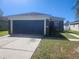 Exterior view of the home with a blue garage door and well-maintained landscaping at 14656 Wake Robin Dr, Brooksville, FL 34604