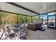Enjoy outdoor living with this screened-in patio featuring a table, chairs, and a hot tub at 15793 Midnight Dove Ct, Odessa, FL 33556