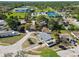 An aerial view showcases a charming home with a circular driveway nestled in a lush, green neighborhood at 6250 Vermont Ave, New Port Richey, FL 34653
