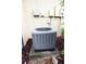 Exterior shot of the gray central air conditioning unit with a concrete pad and electrical boxes at 19109 Beckett Dr, Odessa, FL 33556
