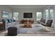 Cozy living room featuring a modern sofa, stylish decor, and ample natural light from large windows at 19109 Beckett Dr, Odessa, FL 33556