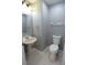 Charming powder room with a pedestal sink, toilet, and modern fixtures offers convenience for guests at 19109 Beckett Dr, Odessa, FL 33556