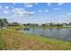Scenic view of a lush pond surrounded by green grass and a row of beautiful homes at 22129 Yachtclub Ter, Land O Lakes, FL 34639