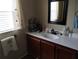 Bathroom with a white vanity, framed mirror, and a patterned shower curtain by the window at 34135 Brown Bayou, Wesley Chapel, FL 33543