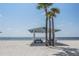 A covered picnic table on a sandy beach with palm trees and ocean views at 4516 Seagull Dr # 509, New Port Richey, FL 34652