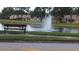 Community pond with a water fountain and bench sitting along the water at 4831 Wakefield Ct, New Port Richey, FL 34655
