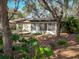 Backyard featuring mature trees, plants, mulch, and a screened in sunroom at 10635 Timber Ln, Port Richey, FL 34668