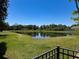 Scenic backyard pond view with lush green grass and tranquil waters at 2630 Milford Berry Ln, Tampa, FL 33618