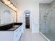 Bathroom featuring soaking tub, glass shower, vanity, and walk-in closet at 2630 Milford Berry Ln, Tampa, FL 33618