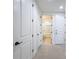 Bright hallway showcasing white doors with dark hardware and a glimpse of a tiled bathroom, seamlessly connecting living spaces at 2630 Milford Berry Ln, Tampa, FL 33618