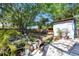 Fenced backyard with mature trees, landscaping, a shed, and a brick patio for outdoor living at 4725 3Rd S Ave, St Petersburg, FL 33711