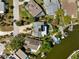 Birds-eye view of waterfront home with dock, lush landscaping, and neighboring homes at 5500 Leahy Ln, New Port Richey, FL 34652