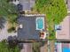 An aerial view shows a backyard oasis, featuring a screened-in pool and manicured landscaping at 9040 Mark Twain Ln, Port Richey, FL 34668
