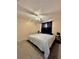 Bedroom with carpet, ceiling fan, dark curtains, and a queen bed covered in a white comforter and dark pillows at 9350 Barrington Ln, Port Richey, FL 34668