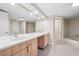 Bright main bathroom featuring a vanity with dual sinks and a shower at 11735 Rolling Pine Ln, Port Richey, FL 34668