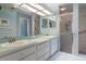 Well-lit bathroom with double sinks, a large mirror, and a walk-in shower at 2309 Terrace View Ln, Spring Hill, FL 34606