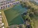 Aerial view of a pond surrounded by lush greenery and neighboring homes, showcasing the community's natural setting at 36419 Flats St, Zephyrhills, FL 33541