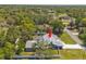 Aerial perspective of the property showcasing the pool, backyard, surrounding neighborhood, and beautiful landscaping at 1156 Battersea Ave, Spring Hill, FL 34609