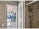 Shower with tiled walls, view to an enclosed sunroom with lounging and entertainment furniture at 12300 Drake Ln, Spring Hill, FL 34609