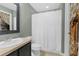 Well-lit bathroom featuring a shower with white curtain, a vanity sink, and decorative mirror at 14581 Wake Robin Dr, Brooksville, FL 34604