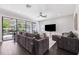 Open living room features a large television, contemporary furnishings, and sliding glass doors to outdoor patio at 4012 Dragonfly Trl, Odessa, FL 33556