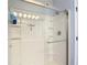 Modern glass-enclosed shower featuring a shower head and ample storage shelves at 6821 Breezy Palm Dr, Riverview, FL 33578