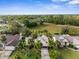Aerial view of beautiful homes with mature landscaping and screened-in pools create an inviting neighborhood setting at 8200 Rhanbuoy Rd, Spring Hill, FL 34606