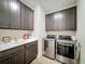 Functional laundry room with upper cabinets, a utility sink, and modern washer and dryer units at 19879 Tattnall Way, Brooksville, FL 34601