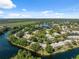 Expansive aerial view of a residential area nestled among ponds and lush greenery under a blue sky at 7522 Heather Walk Dr, Weeki Wachee, FL 34613