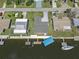 Aerial view showcasing waterfront home with canal access, boat dock, and nearby residential properties at 3362 Minnow Creek Dr, Hernando Beach, FL 34607
